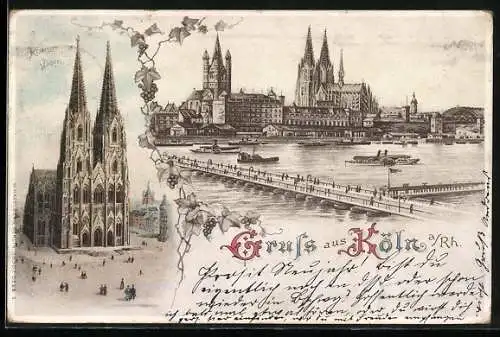 Lithographie Köln a. Rh., Uferpartie mit Kölner Dom und Brücke