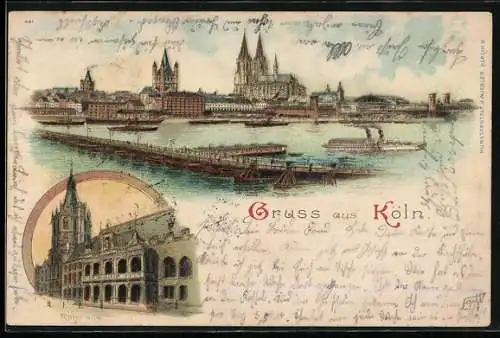 Lithographie Köln, Blick zum Ort mit Dom, Rathaus, Dampfer