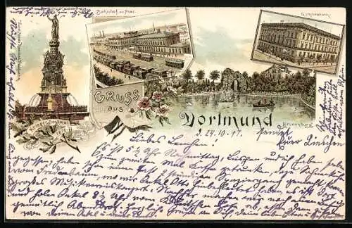 Lithographie Dortmund, Bahnhof mit Post, Krieger-Denkmal und Gasthaus Kronenburg