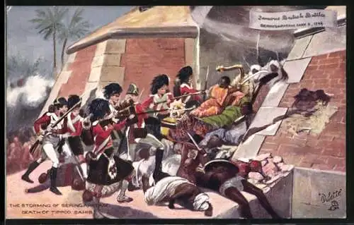 Künstler-AK British Battles, The Storming of Seringpatam, Death of Tippoo Sahib, Angriff schottischer Soldaten