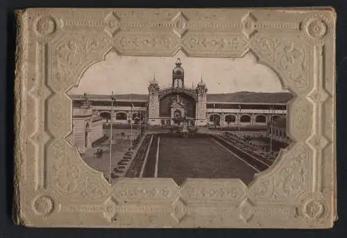 12 Fotografien Ansicht Prag, Leporello Album Landes-Jubiläums-Ausstellung 1891, Industrie-Palast, Pavillon