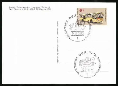 6 Fotografien Busse der Berliner Verkehrs-Betriebe (BVG), Büssing, NAG KO, AEG-Bü-CuU, mit Marken und Stempel 1973