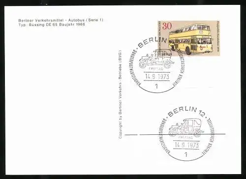 6 Fotografien Berliner Verkehrs-Betriebe (BVG), Busse, Büssing MAN, AEG, NAG KO, mit Ersttag Stempel und Briefmarken