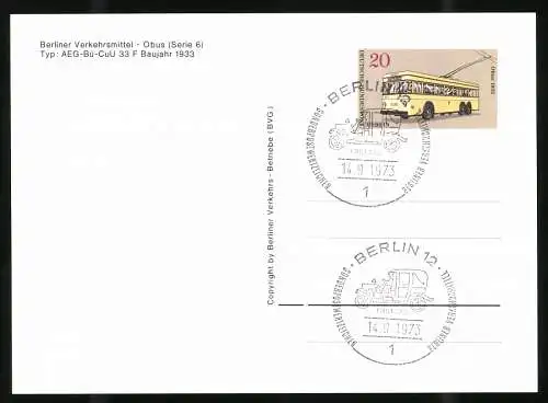 6 Fotografien Berliner Verkehrs-Betriebe (BVG), Busse, Büssing MAN, AEG, NAG KO, mit Ersttag Stempel und Briefmarken