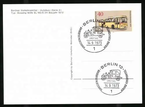 6 Fotografien Berliner Verkehrs-Betriebe (BVG), Busse, Büssing MAN, AEG, NAG KO, mit Ersttag Stempel und Briefmarken