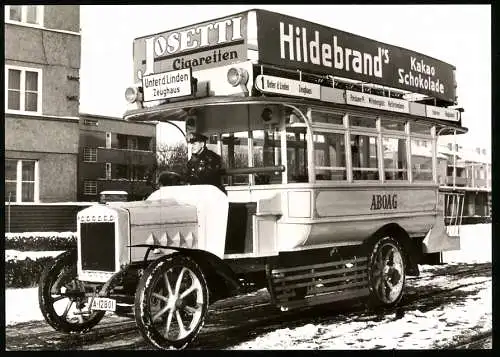 6 AK Berliner Verkehrs-Betriebe (BVG), Busse von Büssing, MAN, AEG, Kutsche, Rückseite mit Ersttagsmarke und Stempel