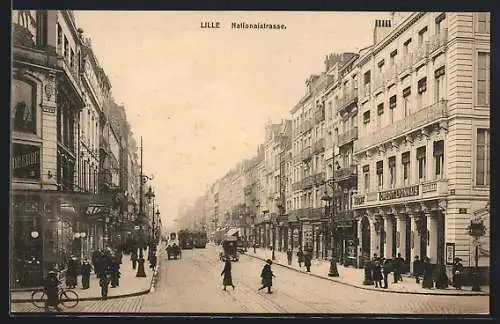 AK Lille, la rue Nationale, Strassenbahnen und Geschäfte