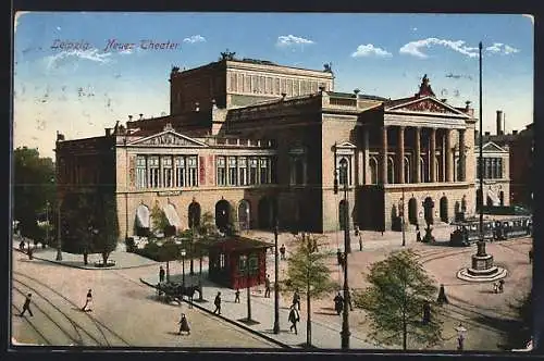 AK Strassenbahn vor dem Neuen Theater in Leipzig