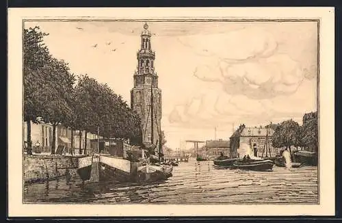 Künstler-AK Leipzig, Weltausstellung für Buchgewerbe und Graphik 1914, Fluss mit Booten und Turm