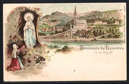 Lithographie Lourdes, Gnadenbild, Totalansicht vom Wasser aus