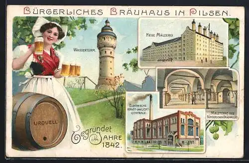 Künstler-AK Pilsen, Malztenne des Bürgerlichen Bräuhauses, Neue Mälzerei, Wasserturm
