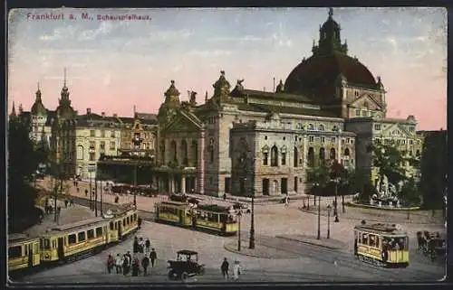 AK Frankfurt a.M., Strassenbahnen und Schauspielhaus, Frauen und Männer mit Hüten