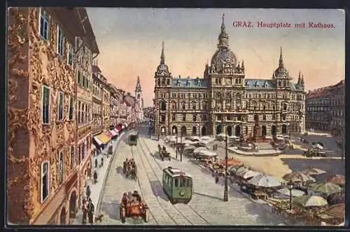 AK Graz, Hauptplatz mit Rathaus und Strassenbahn