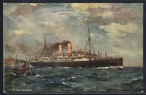 Künstler-AK Passagierschiff R.M.S. Orsova mit Schlepper, Orient Line