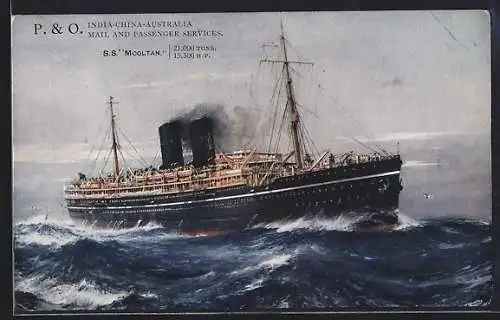 Künstler-AK Passagierschiff SS Mooltan in rauen Gewässern, P. & O. India-China-Australia Mail and Passenger Services