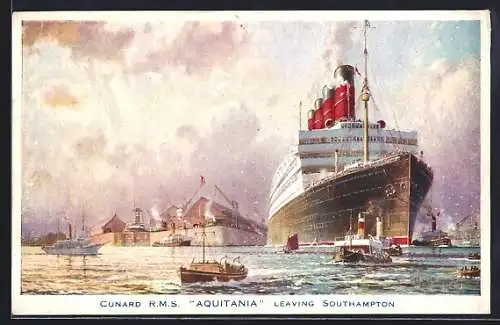 Künstler-AK Southampton, Cunard R.M.S. Aquitania leaving the port, Passagierschiff