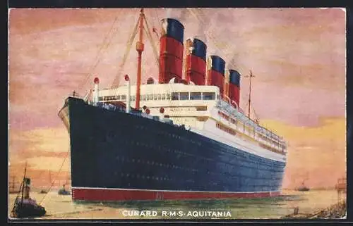 Künstler-AK Passagierschiff RMS Aquitania der Cunard Line bei der Hafeneinfahrt