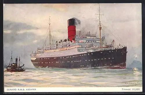 Künstler-AK Passagierschiff RMS Ascania mit Beiboot, Cunard Liner