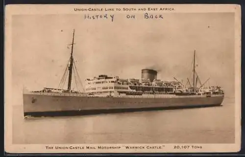 AK Passagierschiff RMMV Warwick Castle, The Union-Castle Line
