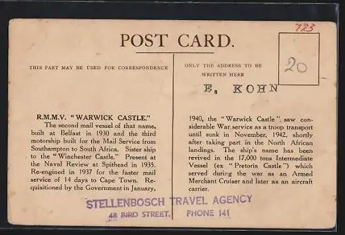 AK Passagierschiff RMMV Warwick Castle, The Union-Castle Line
