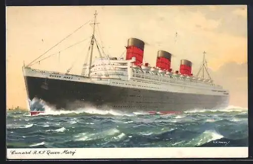 AK Passagierschiff R. M. S. Queen Mary in der Nähe der Küste, Cunard Line