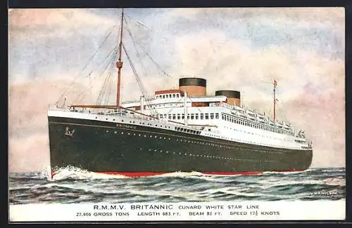 AK Passagierschiff RMMV Britannic, Cunard White Star Line, auf hoher See