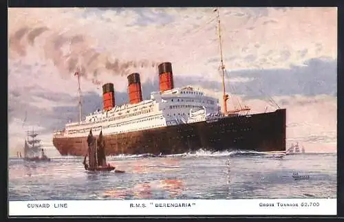 Künstler-AK Passagierschiff R.M.S. Berengaria der Cunard Line in Küstennähe