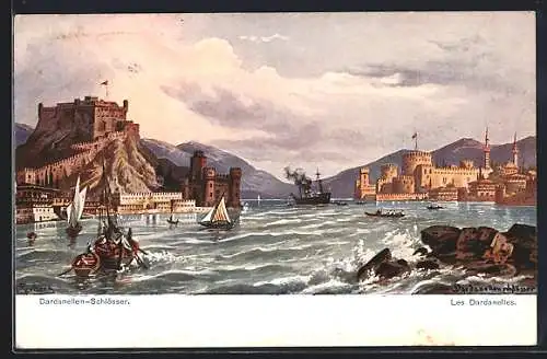 Künstler-AK Dardanellen-Schlösser, Minarette, kleine Segelschiffe und grosses Dampfschiff