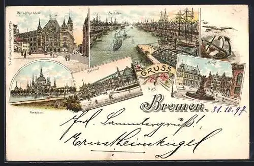 Lithographie Bremen, Gerichtsgebäude, Freihafen, Bahnhof