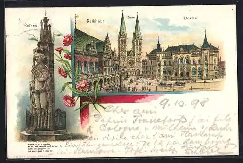 Lithographie Bremen, Roland, Marktplatz mit Rathaus, Dom und Börse