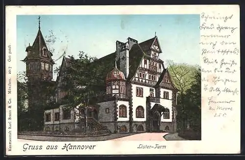 Goldfenster-AK Hannover, Strassenpartie am Lister-Turm