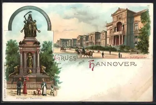 Lithographie Hannover, Am Schiffgraben, Kriegerdenkmal