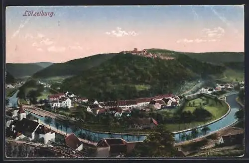 AK Lützelburg, Ortsansicht von oben herab, Flussschleife, darüber die Burg
