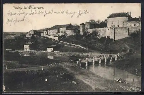 AK Jaulny, Vue du village et du pont sur la rivière