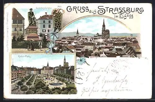 Lithographie Strassburg im Elsass, Gutenberg-Denkmal, Kleber-Platz, Teilansicht