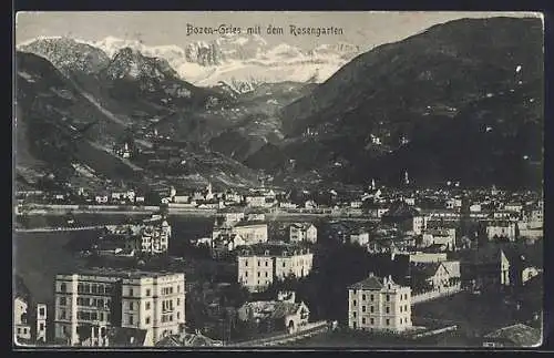 AK Bozen, Ortspanorama mit Gries und dem Rosengarten
