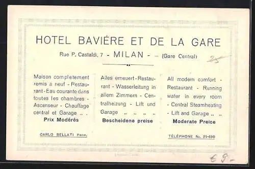 Künstler-AK Milano, Hotel Baviere et de la Gare, Rue P. Castaldi, 7