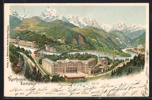 Lithographie Tarasp, Kurhaus gegen die Alpen