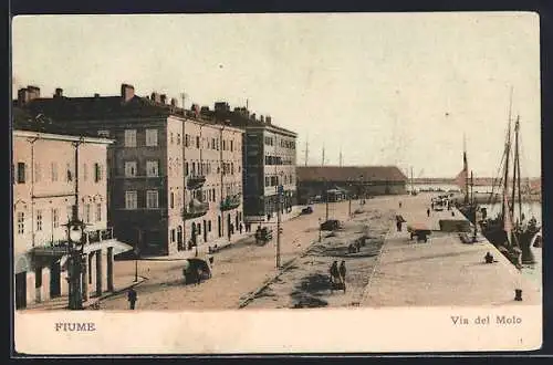 AK Fiume, Via del Molo, Hafenpartie mit Pferdewagen, um 1900