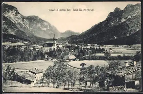 AK Gross-Gmain, Ortsansicht mit Kirche und Bergen bei Bad Reichenhall