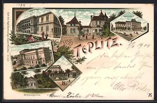Lithographie Teplitz Schönau / Teplice, Schlossberg-Restaurant, Stadtbad, Theater
