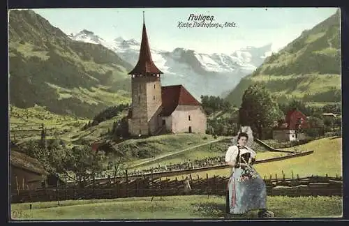 AK Frutigen, Kirche Doldenhorn u. Altels, eine Frau in einer Tracht