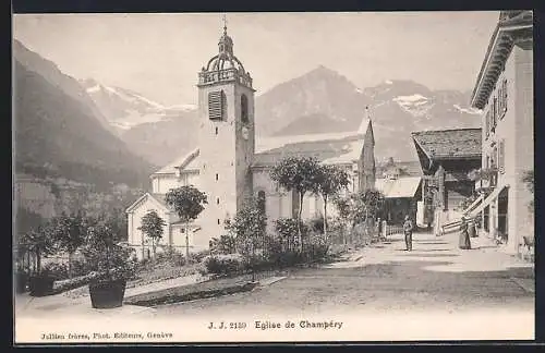 AK Champery, Strassenpartie mit Kirche Eglise