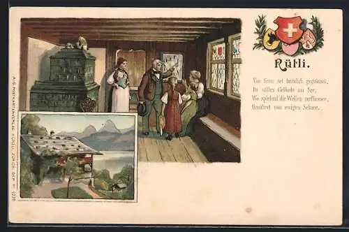 Lithographie Rütli, Ortspartie mit Hütte, Innenansicht, Von ferne sei herzlich gegrüsset...