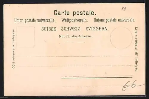 Lithographie Rütli, Ortspartie mit Hütte, Innenansicht, Von ferne sei herzlich gegrüsset...