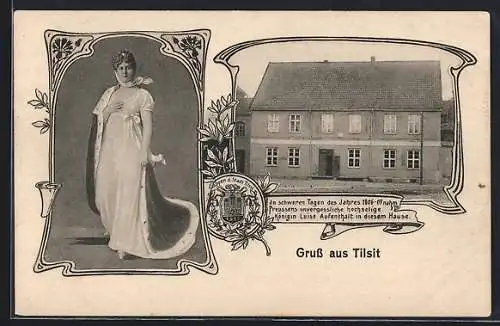 AK Tilsit, Königin Luise von Preussen, Haus der Königin, Wappen d. Stadt Tilsit
