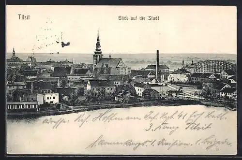AK Tilsit, Blick auf die Stadt, die Kirche und die Brücke