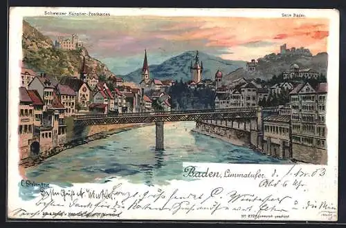 Künstler-Lithographie C. Steinmann: Baden, Limmatufer