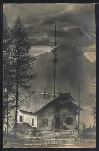 Foto-AK Schwaz, Gasthaus Rodelhütte Grafenast v. Toni Unterlechner gegen die Berge