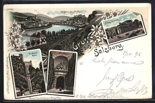 Lithographie Salzburg, Neues Theater, Neutor, Drahtseil-Bahn